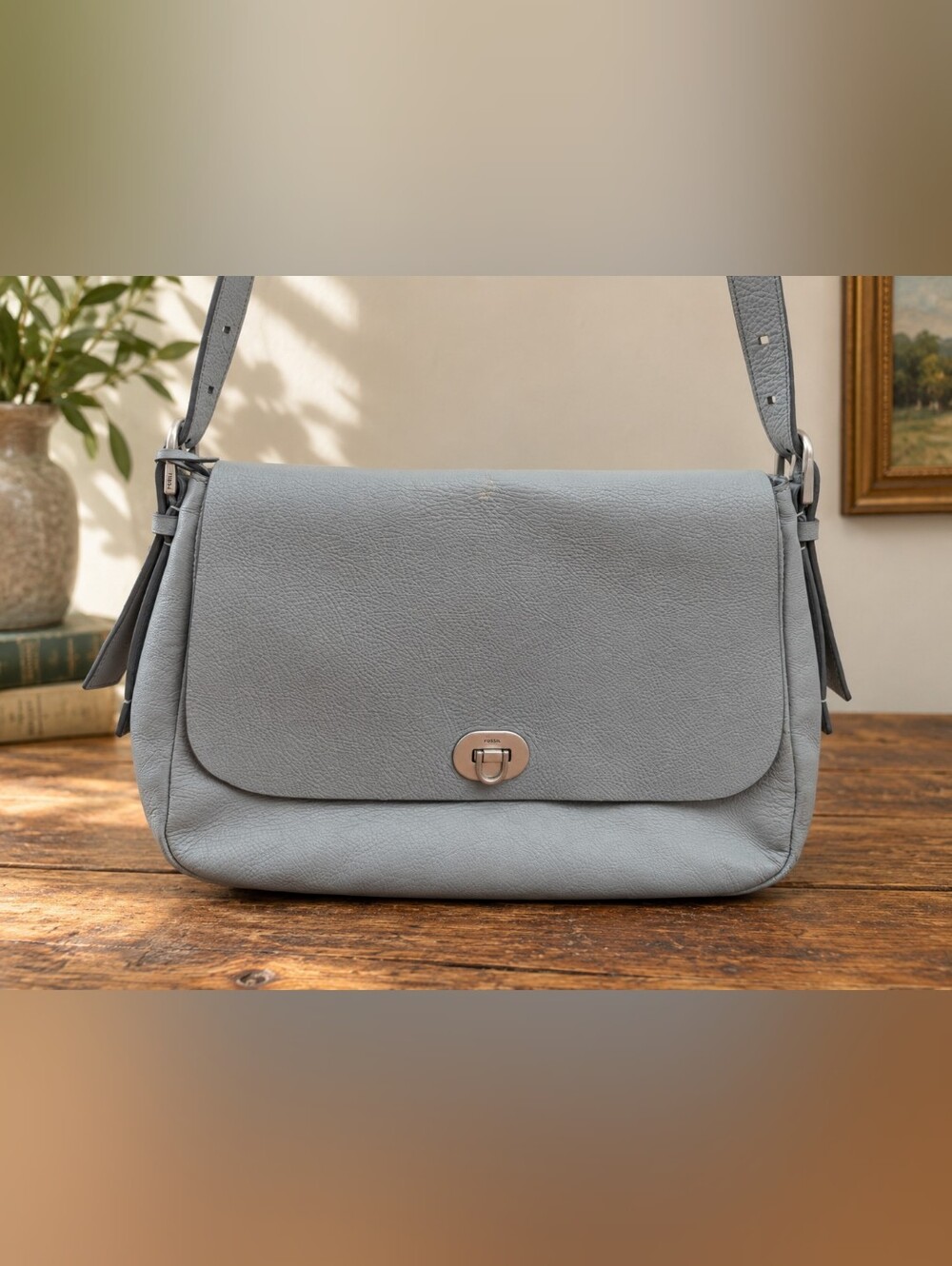 Fossil Grey Blue Leather Crossbody Shoulder Bag